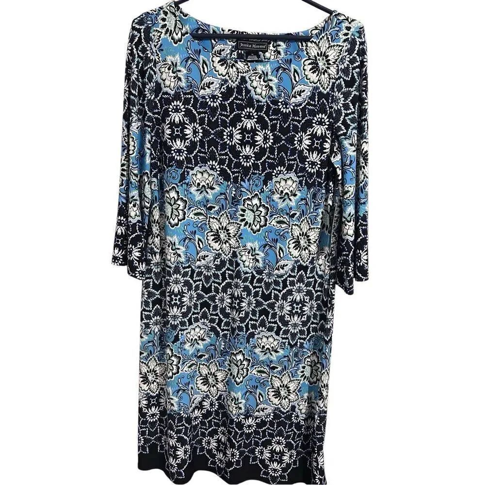 Jessica Howard Blue White Floral Border Print Sheath Dress Women’s Size 10